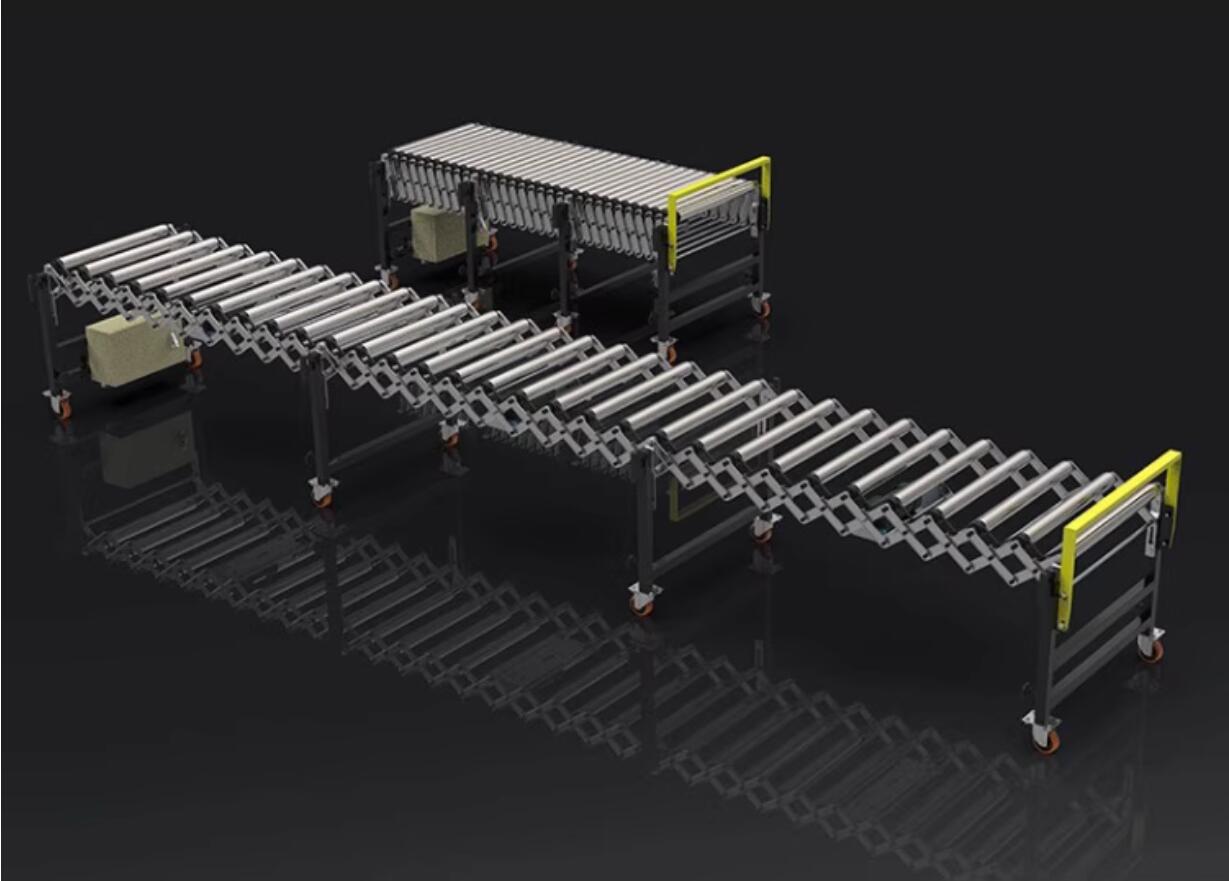 flexible expandable gravity roller conveyor – comparison of retracted and extended states 柔軟な拡張可能な重力ローラーコンベヤ – 収縮状態と拡張状態の比較